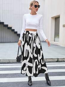 SHEIN Privé Graphic Print Pleated Skirt - Black and White - View 5