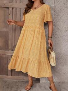 SHEIN LUNE Plus Ditsy Floral Print Ruffle Hem Smock Dress - Multicolor - View 3