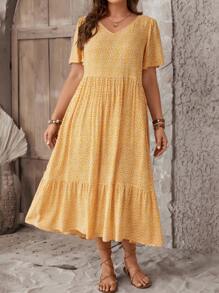 SHEIN LUNE Plus Ditsy Floral Print Ruffle Hem Smock Dress - Multicolor - View 4