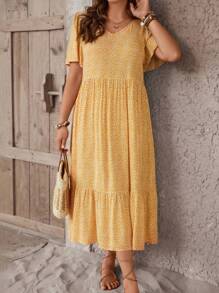 SHEIN LUNE Plus Ditsy Floral Print Ruffle Hem Smock Dress - Multicolor - View 1