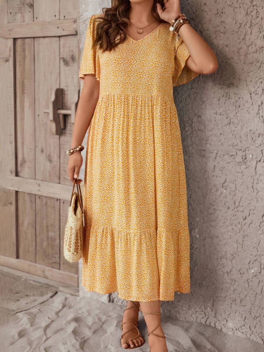 SHEIN LUNE Plus Ditsy Floral Print Ruffle Hem Smock Dress - Multicolor - View 1