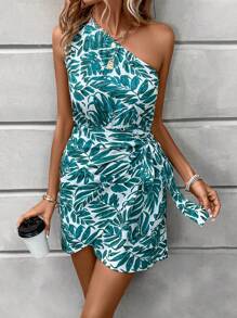 Breezaya Tropical Print One Shoulder Wrap Knot Side Dress Vacation Beach Outfits Women - Multicolor - View 4