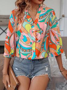 SHEIN LUNE Allover Print Notched Neckline Shirt - Multicolor - View 4