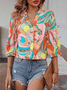 SHEIN LUNE Allover Print Notched Neckline Shirt - Multicolor - View 5