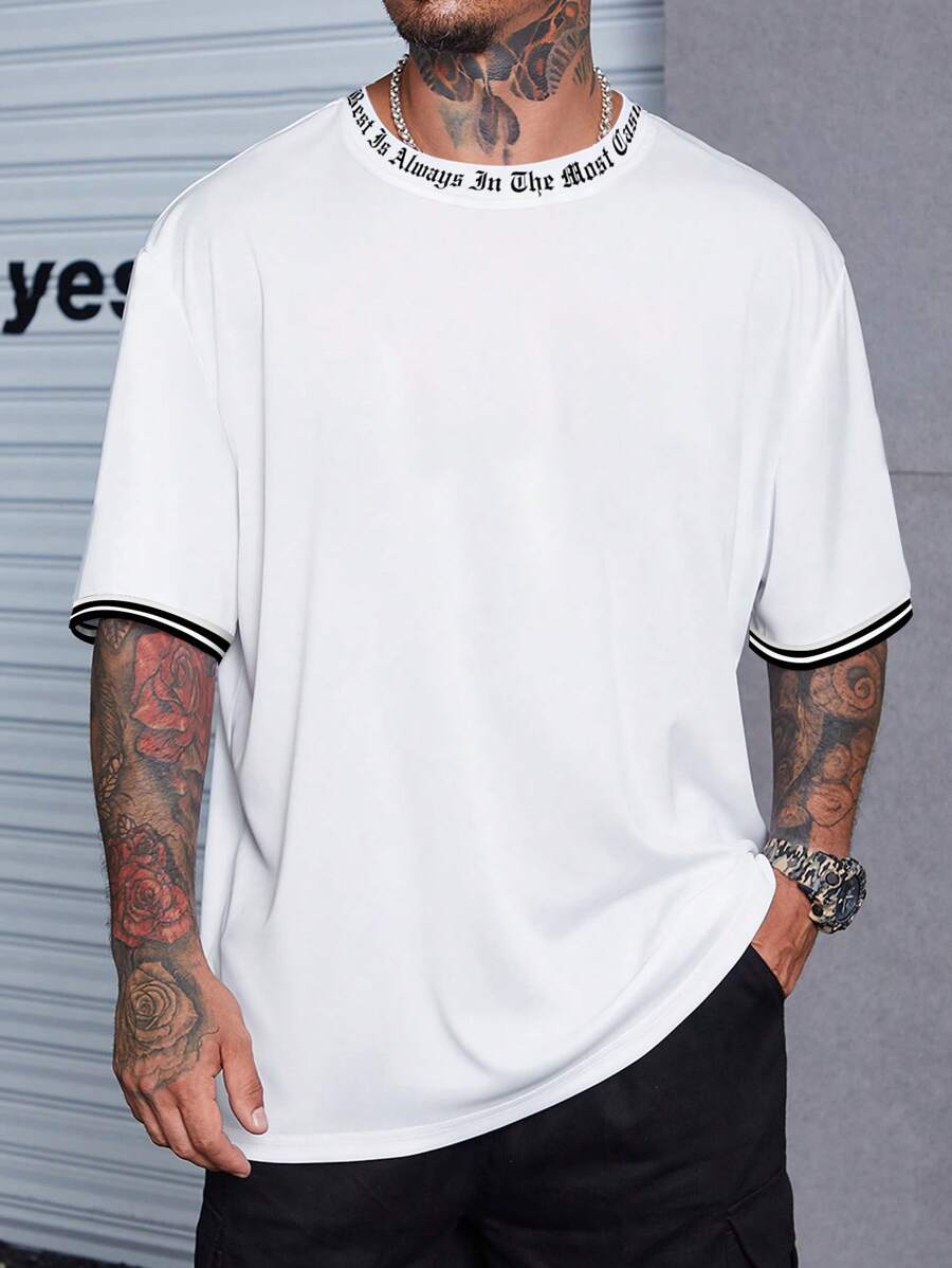 Manfinity Homme 男士大码標語圖案拼接邊T恤 - 白色 - 查看 1