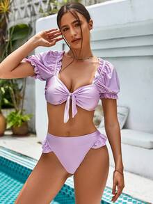 UNIQUE21 Frill Trim Knot Front Bikini Set Summer - Purple - View 1