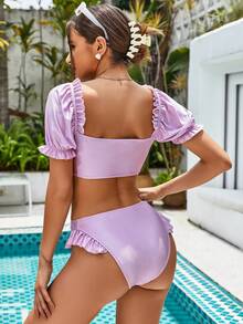 UNIQUE21 Frill Trim Knot Front Bikini Set Summer - Purple - View 2
