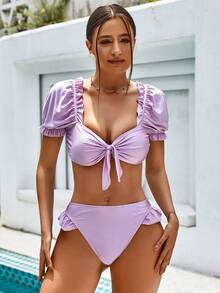 UNIQUE21 Frill Trim Knot Front Bikini Set Summer - Purple - View 3