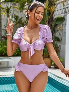 UNIQUE21 Frill Trim Knot Front Bikini Set Summer - Purple - View 4