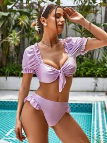 UNIQUE21 Frill Trim Knot Front Bikini Set Summer - Purple - View 6