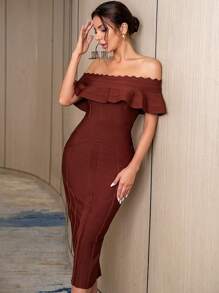 Flounce Off Shoulder Split Hem Bodycon Formal Party Bandage Dress - Chocolate Brown - View 1