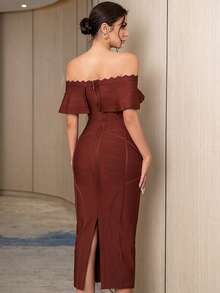 Flounce Off Shoulder Split Hem Bodycon Formal Party Bandage Dress - Chocolate Brown - View 2