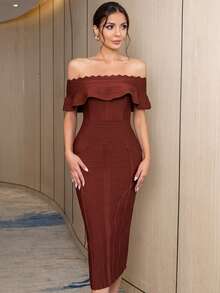 Flounce Off Shoulder Split Hem Bodycon Formal Party Bandage Dress - Chocolate Brown - View 4