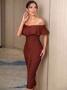 Flounce Off Shoulder Split Hem Bodycon Formal Party Bandage Dress - Chocolate Brown - View 5