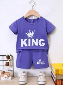 SHEIN 小男童王冠和字母圖案T恤和短褲 - 紫羅蘭色 - 查看 1