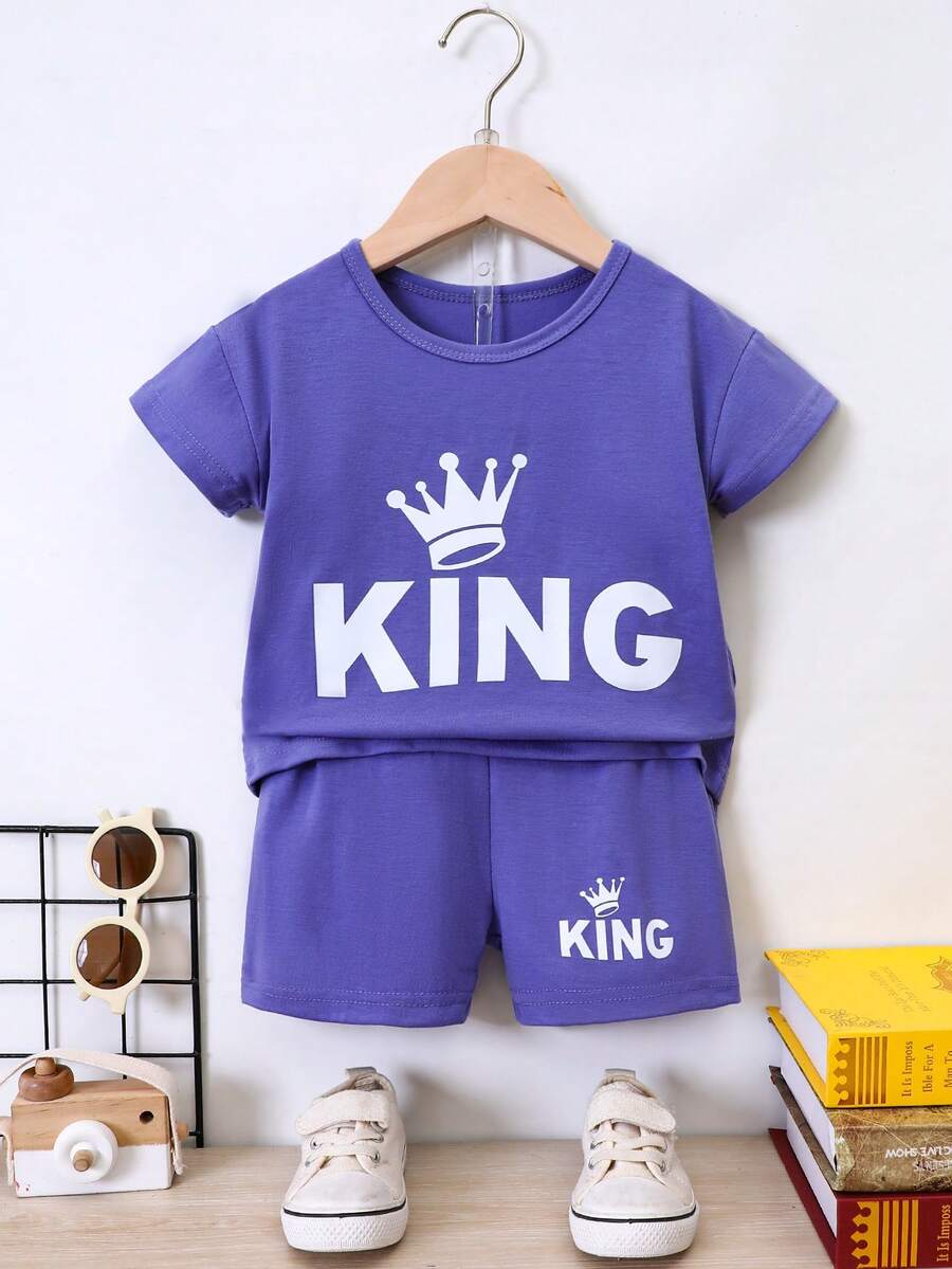 SHEIN 小男童王冠和字母圖案T恤和短褲 - 紫羅蘭色 - 查看 1