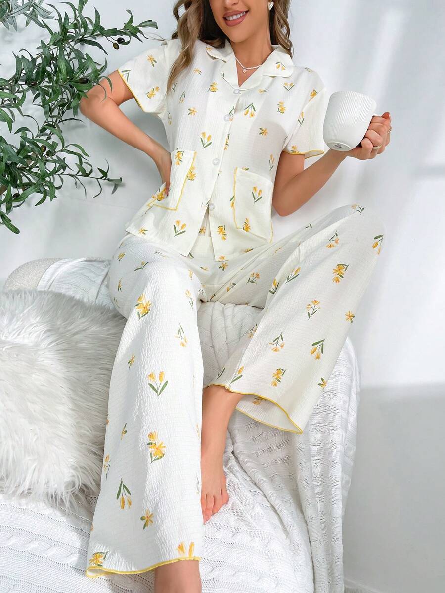 印花拼接滾邊睡衣套裝 - 米色 - 查看 1