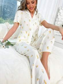 印花拼接滾邊睡衣套裝 - 米色 - 查看 3