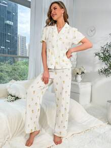 印花拼接滾邊睡衣套裝 - 米色 - 查看 4