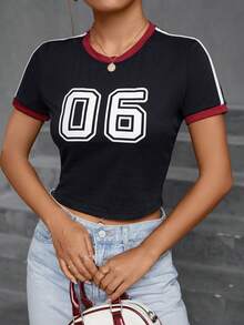SHEIN Unity Women's Colorblock Numeric Print Round Neck Short Sleeve Cropped T-Shirt - Black - View 3