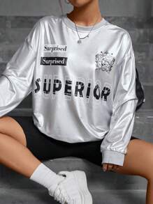 SHEIN Unity 字母圖案落肩袖運動衫 - 銀色 - 查看 3