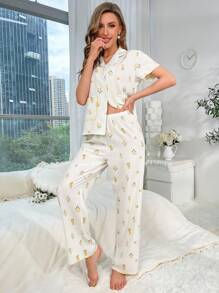 印花拼接滾邊睡衣套裝 - 米色 - 查看 5