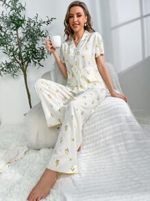 印花拼接滾邊睡衣套裝 - 米色 - 查看 6