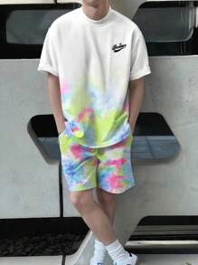 Manfinity Hypemode Aesthetic Post--Men Tie Dye Tee & Drawstring Waist Shorts - Multicolor - View 1