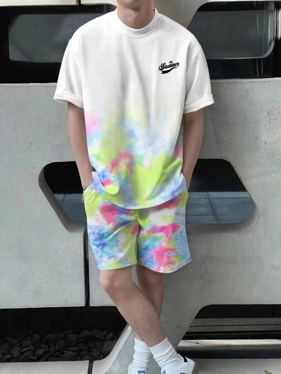 Manfinity Hypemode Aesthetic Post--Men Tie Dye Tee & Drawstring Waist Shorts - Multicolor - View 1