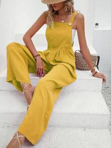 SHEIN LUNE 素色闊腿背帶連身褲不附抹胸 - 黃色 - 查看 1