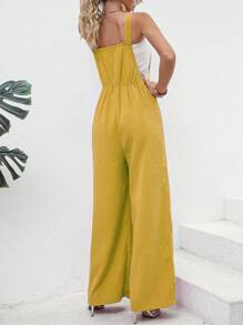 SHEIN LUNE 素色闊腿背帶連身褲不附抹胸 - 黃色 - 查看 2