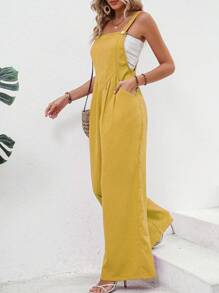 SHEIN LUNE 素色闊腿背帶連身褲不附抹胸 - 黃色 - 查看 3