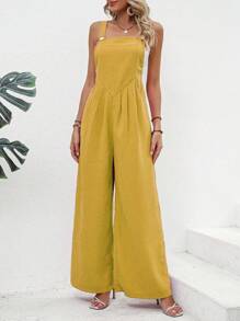 SHEIN LUNE 素色闊腿背帶連身褲不附抹胸 - 黃色 - 查看 4