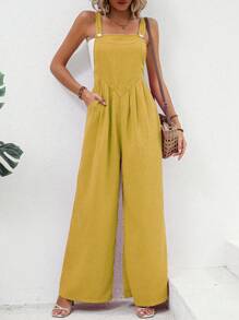 SHEIN LUNE 素色闊腿背帶連身褲不附抹胸 - 黃色 - 查看 5