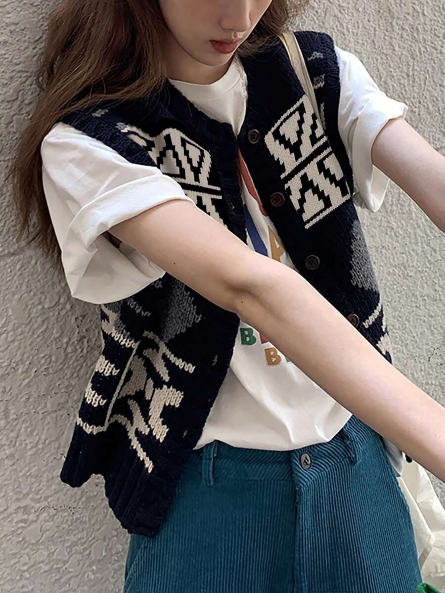 Geo Pattern Button Front Sweater Vest Without Tee - Navy Blue - View 1