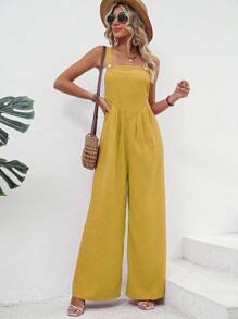 SHEIN LUNE 素色闊腿背帶連身褲不附抹胸 - 黃色 - 查看 6