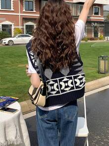 Geo Pattern Button Front Sweater Vest Without Tee - Navy Blue - View 2