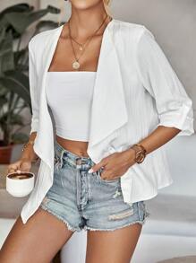 SHEIN LUNE 大翻領捲邊袖開門襟外套 - 白色 - 查看 1