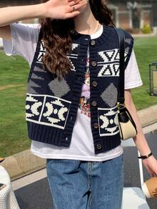 Geo Pattern Button Front Sweater Vest Without Tee - Navy Blue - View 3