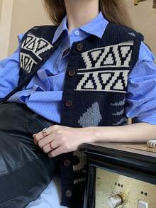 Geo Pattern Button Front Sweater Vest Without Tee - Navy Blue - View 4