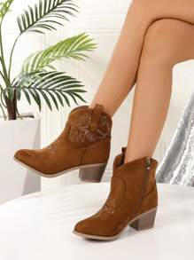 女性刺繡細節側拉鏈西部牛仔靴,優雅戶外仿麂皮靴子 - 駝色 - 查看 1