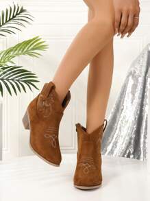 女性刺繡細節側拉鏈西部牛仔靴,優雅戶外仿麂皮靴子 - 駝色 - 查看 4