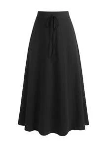 Flirla Plus Size Solid Color Ribbon Detail Skirt - Black - View 3