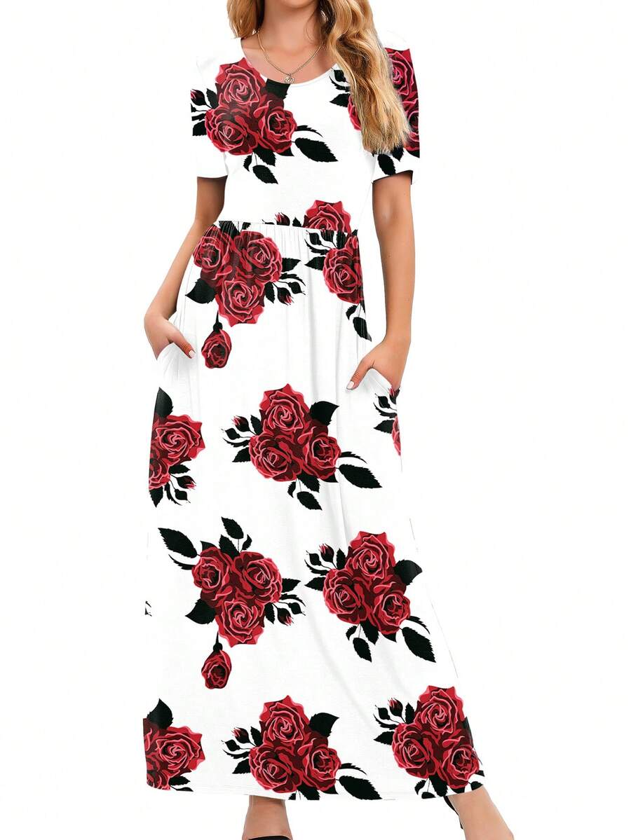 Floral Print Hidden Pocket Dress - White - View 1