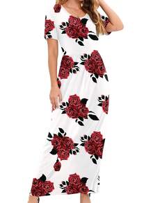 Floral Print Hidden Pocket Dress - White - View 3
