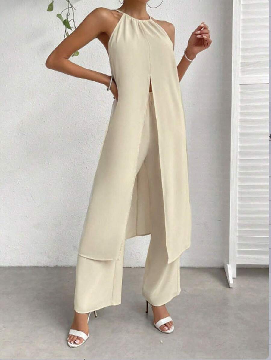 SHEIN Essnce Bộ đồ hai mảnh nữ Lộ Lưng Chia Buộc lại màu trơn Giải trí - trắng - Xem 1