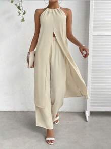 SHEIN Essnce Bộ đồ hai mảnh nữ Lộ Lưng Chia Buộc lại màu trơn Giải trí - trắng - Xem 3