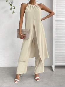 SHEIN Essnce Bộ đồ hai mảnh nữ Lộ Lưng Chia Buộc lại màu trơn Giải trí - trắng - Xem 4