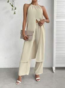 SHEIN Essnce Bộ đồ hai mảnh nữ Lộ Lưng Chia Buộc lại màu trơn Giải trí - trắng - Xem 6