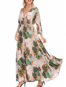 Bản in nhiệt đới Surplice cổ Đầm - Màu Xám nhạt - Xem 3